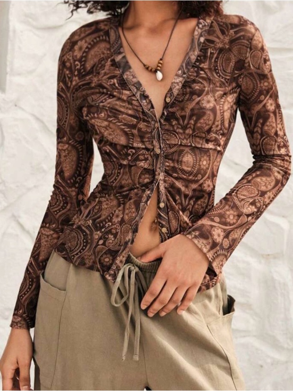 Brown Paisley Button-Front Women's Top